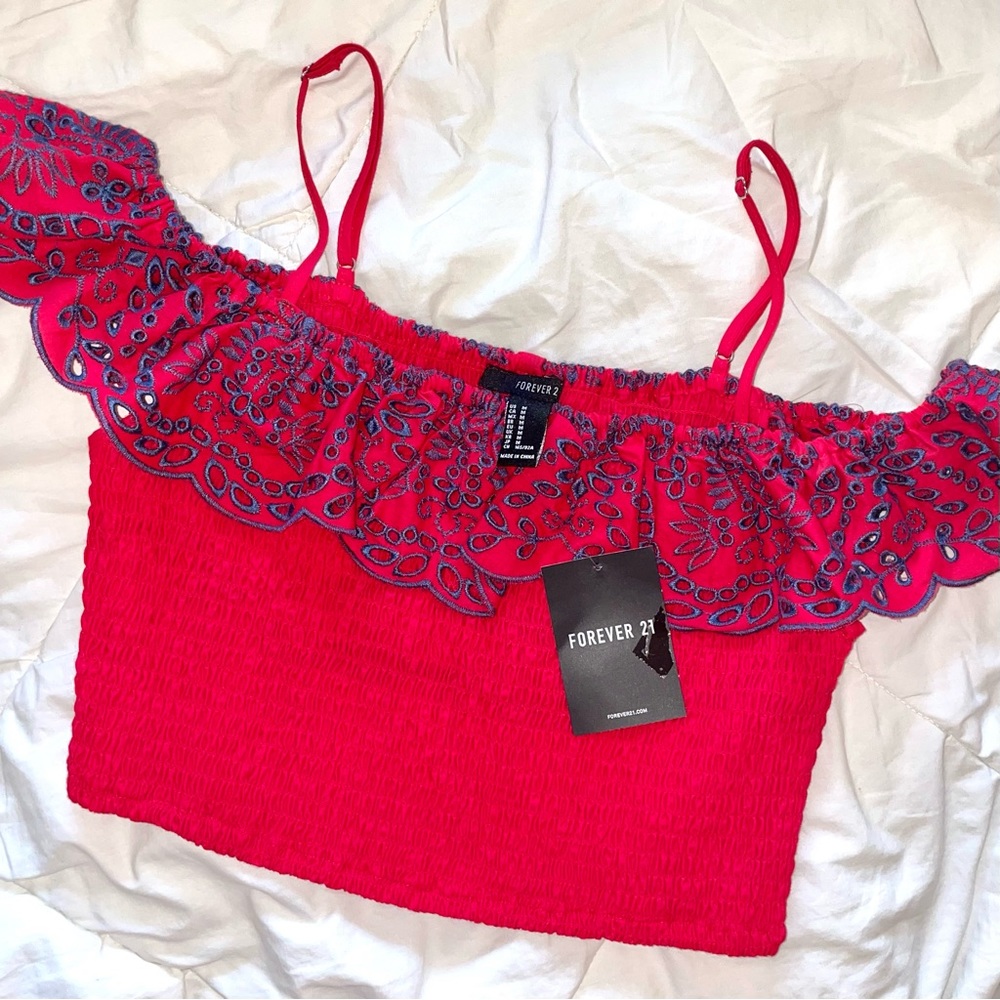 Forever 21 Red Woven Lace Shoulder Crop Cami Top!